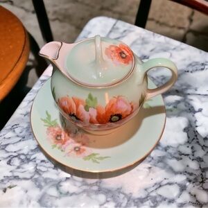 Bavaria HandPainted Red & Peach Poppies with Green Leaves Creamer & Saucer